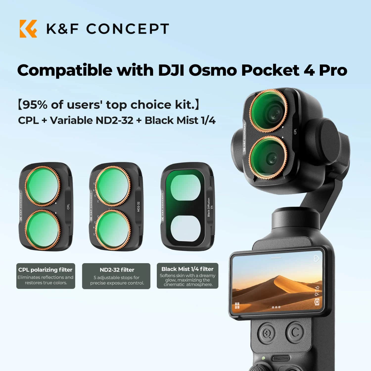 K&F Concept DJI Osmo Pocket 4P CPL + Black Diffusion 1/4 + ND2-32 Filter Kit (Alüminyum Çerçeve)